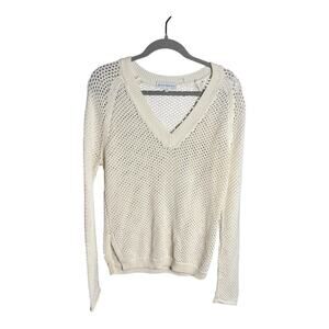 White + Warren White Open Knit V Neck Long Sleeve Sweater Size Small